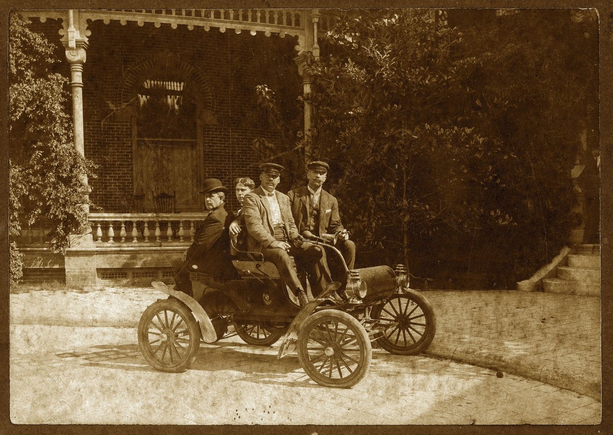 There were lots of automobiles at the Tampa Bay Hotel over the years, including the one in this #tbt photo from 1903. These four men are sitting in a $650 Oldsmobile Model R, also known as the Curved Dash Oldsmobile, which is credited as being the first mass-produced automobile.