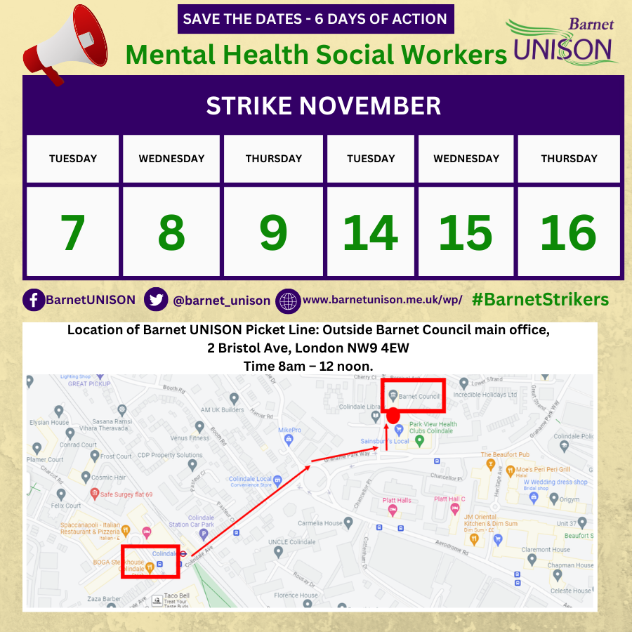 #BarnetUNISON picket lines are back. Join our Mental Health social workers in their fight for Fair Pay.
<a href="/unisontheunion/">UNISON - UK's largest union</a> @NolanLibby <a href="/steviecnorth/">Steve North</a> <a href="/HounslowUNISON/">Hounslow UNISON</a> <a href="/HackneyUNISON/">HackneyUNISON 🇵🇸</a> <a href="/unison_glasgow/">Unison Glasgow City</a> <a href="/organiserjo/">Jo Galloway</a> <a href="/HaveringUnison/">Havering Unison</a> 
#BarnetStrikers #CostOfLivingCrisis #EnoughIsEnough