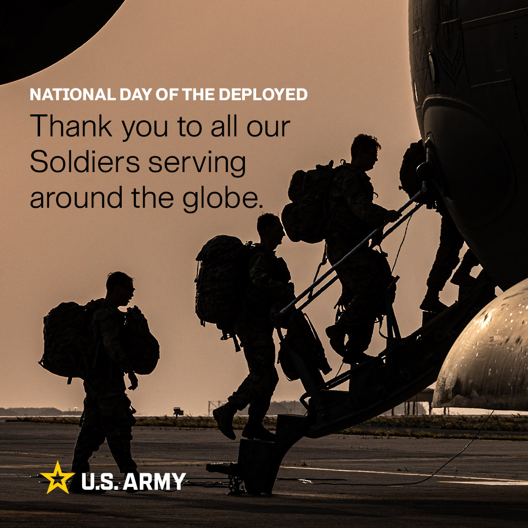 USArmy's tweet photo. On this National #DayOfTheDeployed, we salute our #USArmy Soldiers who are serving around the world – ready to fight and win our nation’s wars.

We also recognize the courage and resiliency of their loved ones who are sacrificing on the home front for our nation. 🇺🇸 https://t.co/aqyPPdpSEv