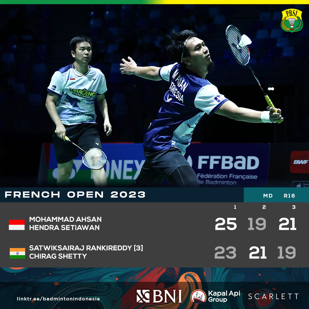 INABadminton's tweet photo. Never give up! Never surrender! Lewat rubber game, Hendra/Ahsan kalahkan Satwiksairaj/Chirag &amp; melaju ke babak QF!

#FrenchOpen2023 https://t.co/65AR3DPcJw