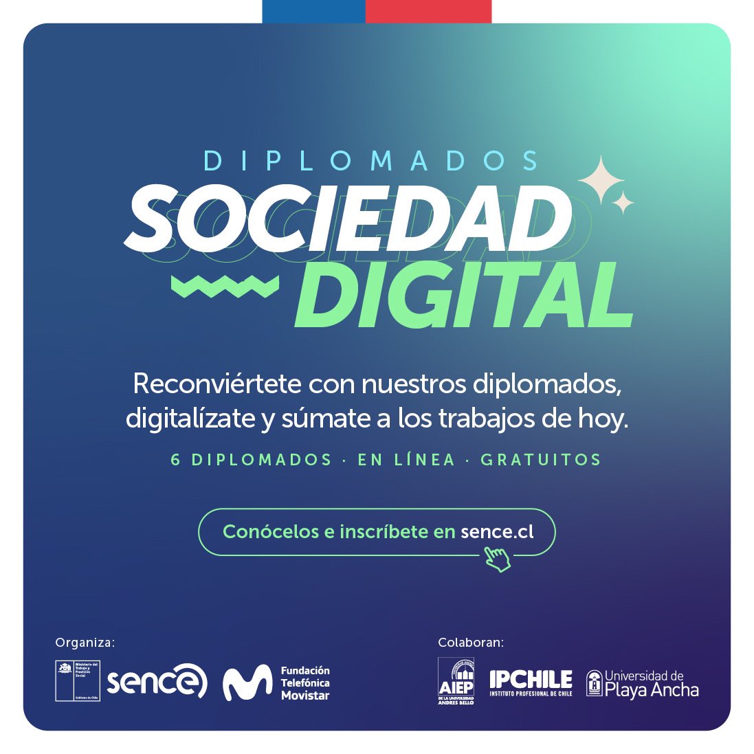 Reconviértete en el área digital y adquiere nuevas herramientas para el mundo laboral con los seis diplomados gratuitos que tenemos para ti.
 
Conoce más detalles aquí e inscríbete en bit.ly/diplomadosence 
 
<a href="/AIEP/">AIEP</a> <a href="/FTMovistarCL/">ProFuturo Chile</a> <a href="/upla_comunica/">Universidad de Playa Ancha</a> <a href="/IPCHILE/">IPCHILE</a>