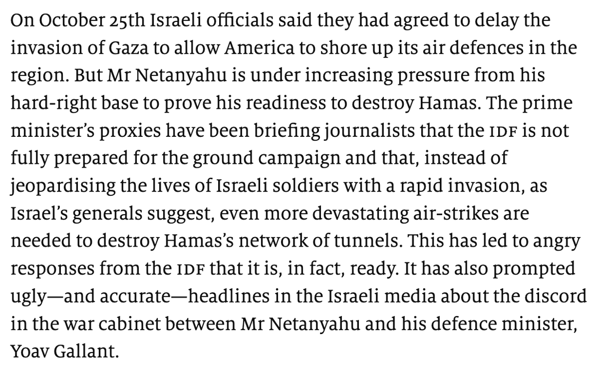 This article suggests there's no clear strategy behind Netanyahu's bombing campaign in Gaza, meanwhile thousands of civilians are getting killed. The US should push for a ceasefire to allow in humanitarian supplies and demand to see a coherent strategy. economist.com/briefing/2023/…