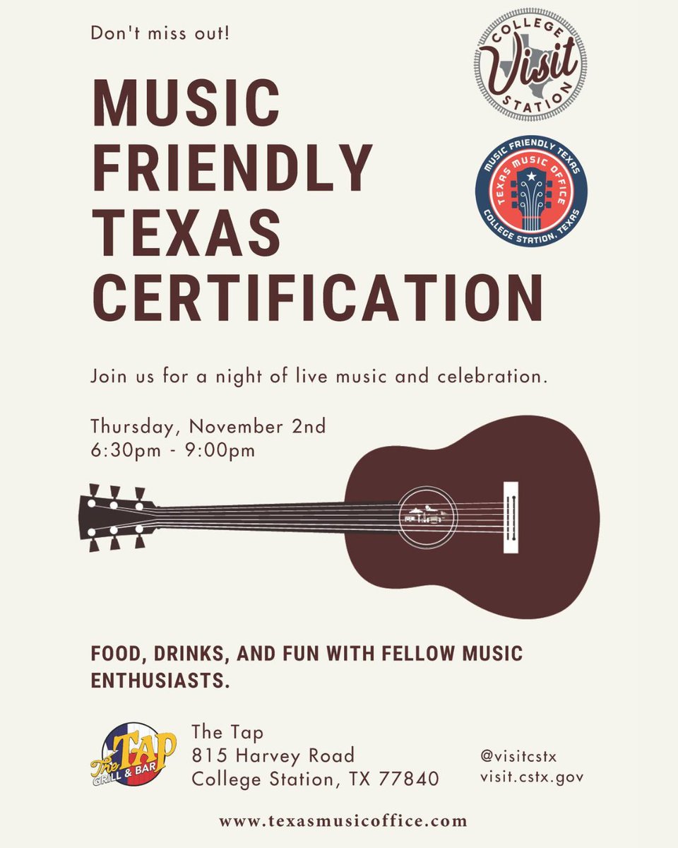 Join the TMO, @VisitCSTX, and the City of #CollegeStationTX for a free and public #MusicFriendlyTexas Certification Ceremony on Thu, Nov 2 from 6:30pm-9pm at @TapBcs, as #CSTX becomes the 51st community in Texas to receive the MFT Designation from the Texas Music Office!