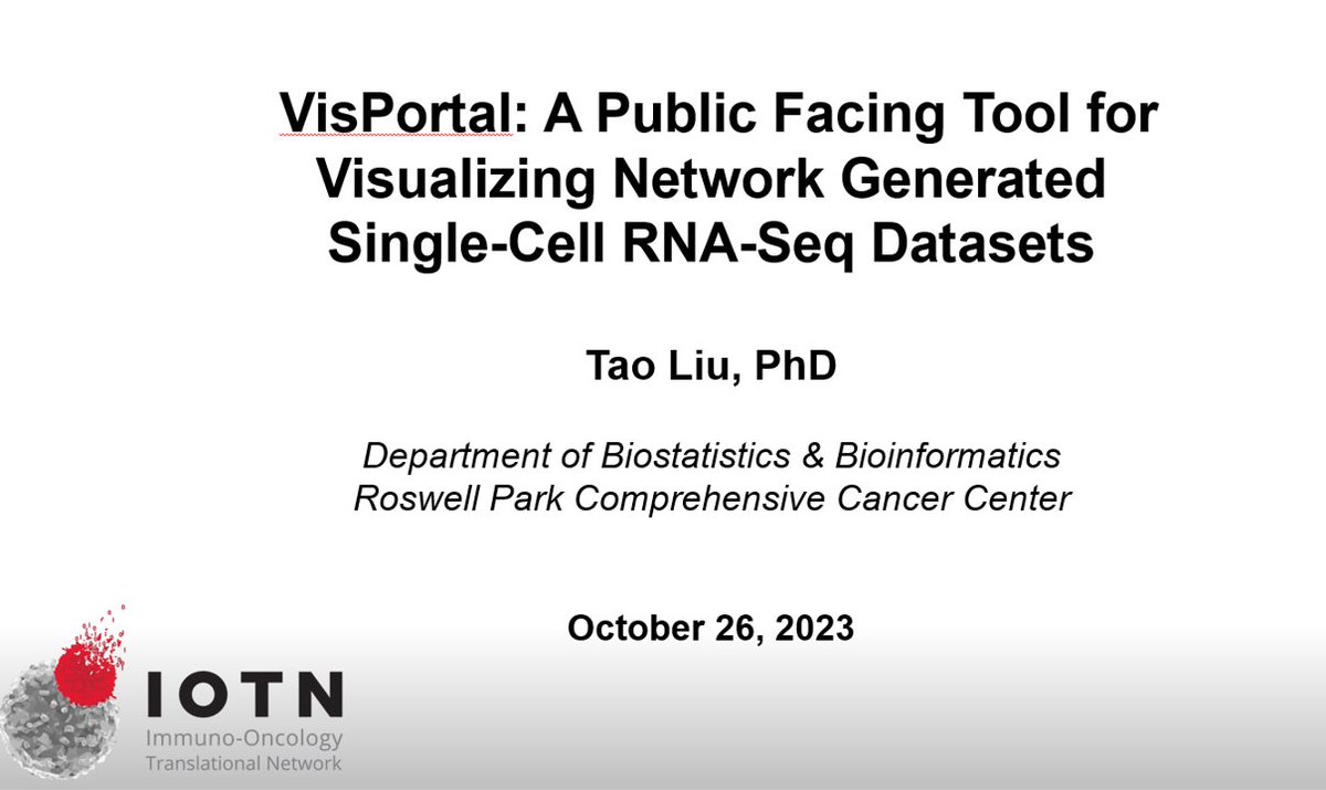 NCI_CIPNet's tweet photo. Dr. Tao Liu @fooliu from @RoswellPark, introduces an innovative bioinformatics software developed by his team for the visualization of single-cell data.
Demo: https://t.co/wpIupIPhdP
#IOTNSCMeeting #Bioinformatics #DataVisualization https://t.co/wfb7hb49zS