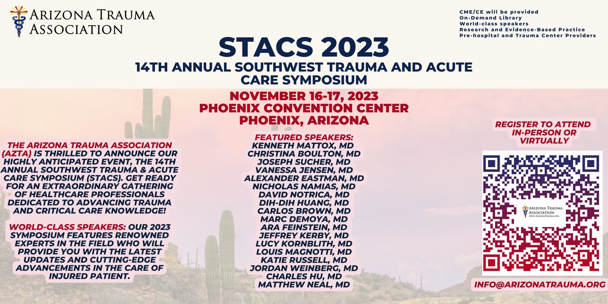 🚨‼️ Attention‼️🚨 STACS 2023 Registration is still open! Featuring World Class Speakers and Presentations, Award Winning Abstracts, and Incredible Exhibits. 

Register here today:  cognitoforms.com/ArizonaTraumaA…

#TraumaAcuteCare #Surgery #STACS2023 #TraumaCare