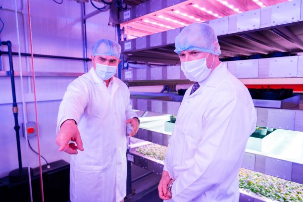 scotgoveconomy's tweet photo. Scottish company @IGSfarm’s technology is allowing local partners to grow crops indoors in Dubai, maximising water resource efficiency and optimising growth. Wellbeing Economy Secretary @neilcgray visited the innovative demonstration site ahead of #COP28. https://t.co/srbDJpcdxp