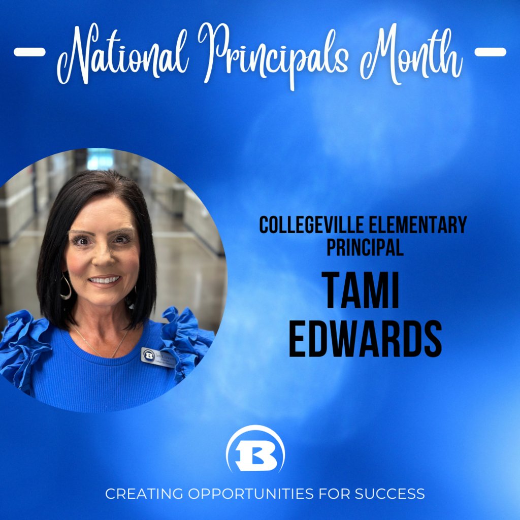 October is National Principals' Month, and we want to celebrate the amazing leaders at Bryant Schools!

Please join us in recognizing principal Tami Edwards. Thank you, Mrs. Edwards, for creating opportunities for students to be successful at Collegeville Elementary.