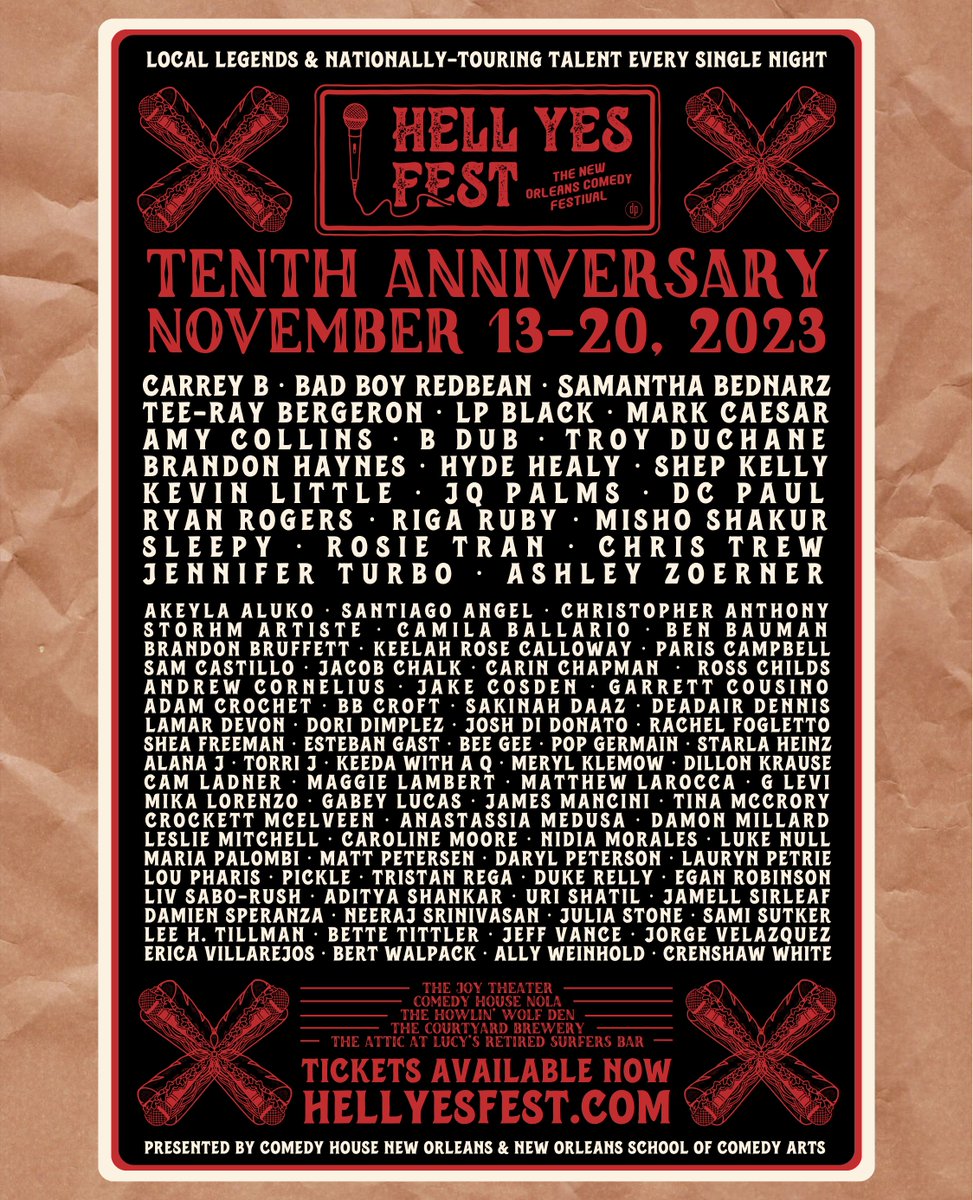 christrew's tweet photo. This is one of the most important comedy shows I've ever put together.

For the 10 year anniversary of this international comedy fest, I booked a MASSIVE venue with ALL LOCAL comedians.

New Orleans, this is a love letter to you and the comedy scene here. https://t.co/mlxOJCIcaj