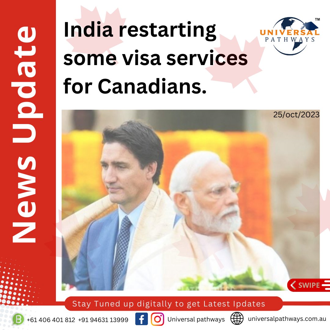 UPathways's tweet photo. The High Commission of India in Ottawa in a Press release said that its consulates General in Toronto and Vancouver has decided to resume the visa services effective October 26, 2023. India will resume visa services for entry visa, business visa, medical visa, and conference visa https://t.co/5dd7mKF4mp