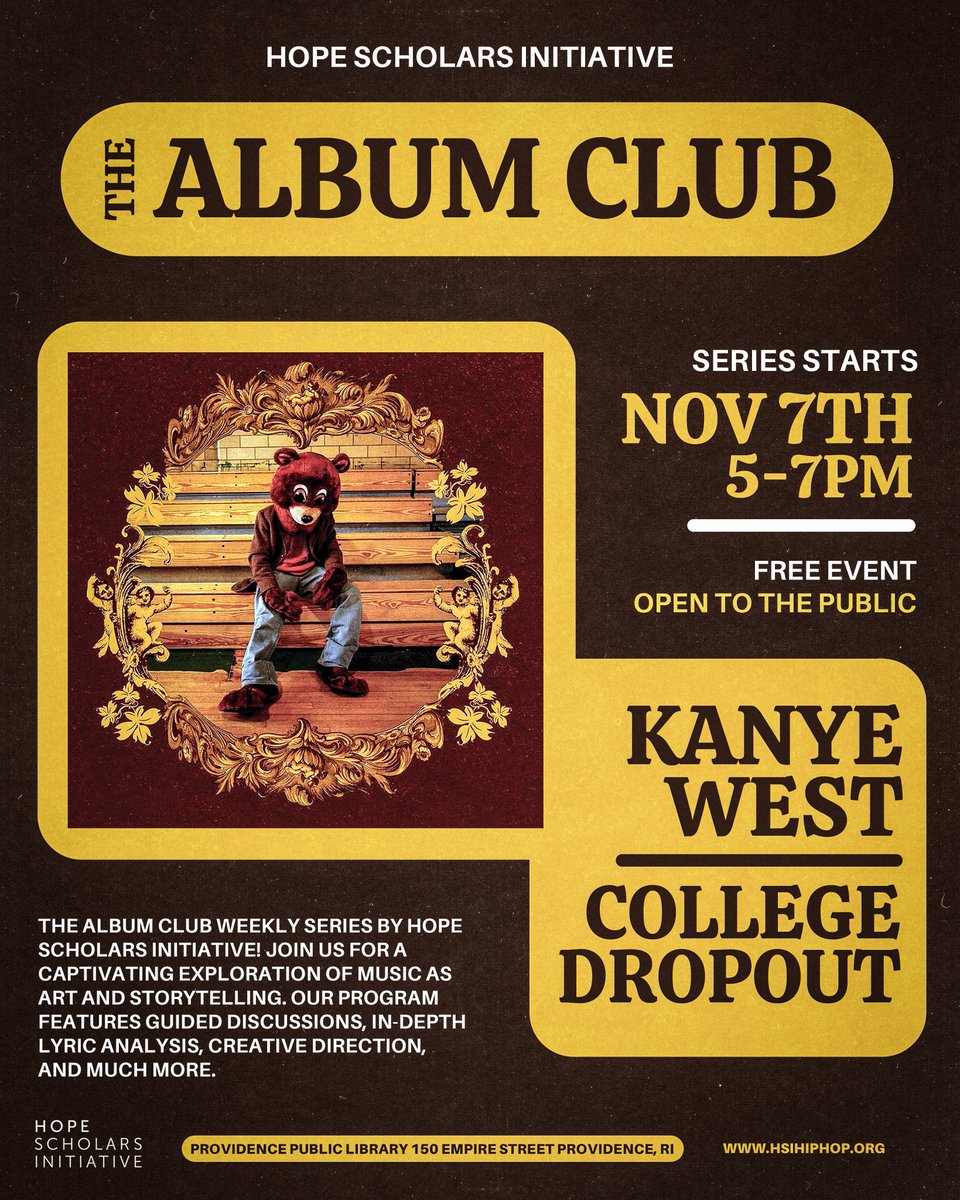 HSIHipHop's tweet image. 🎵 Exciting News! 📚 Join us for #TheAlbumClub in partnership with @provlib 

📅 Date: Tuesday Nov 7th 🕒 
Time: 5pm - 7pm 🎶 

Dive into the world of music and literature as we explore albums that inspire incredible stories. 📔🎤

FREE RSVP: eventbrite.com/e/the-album-cl… #HIPHOPED