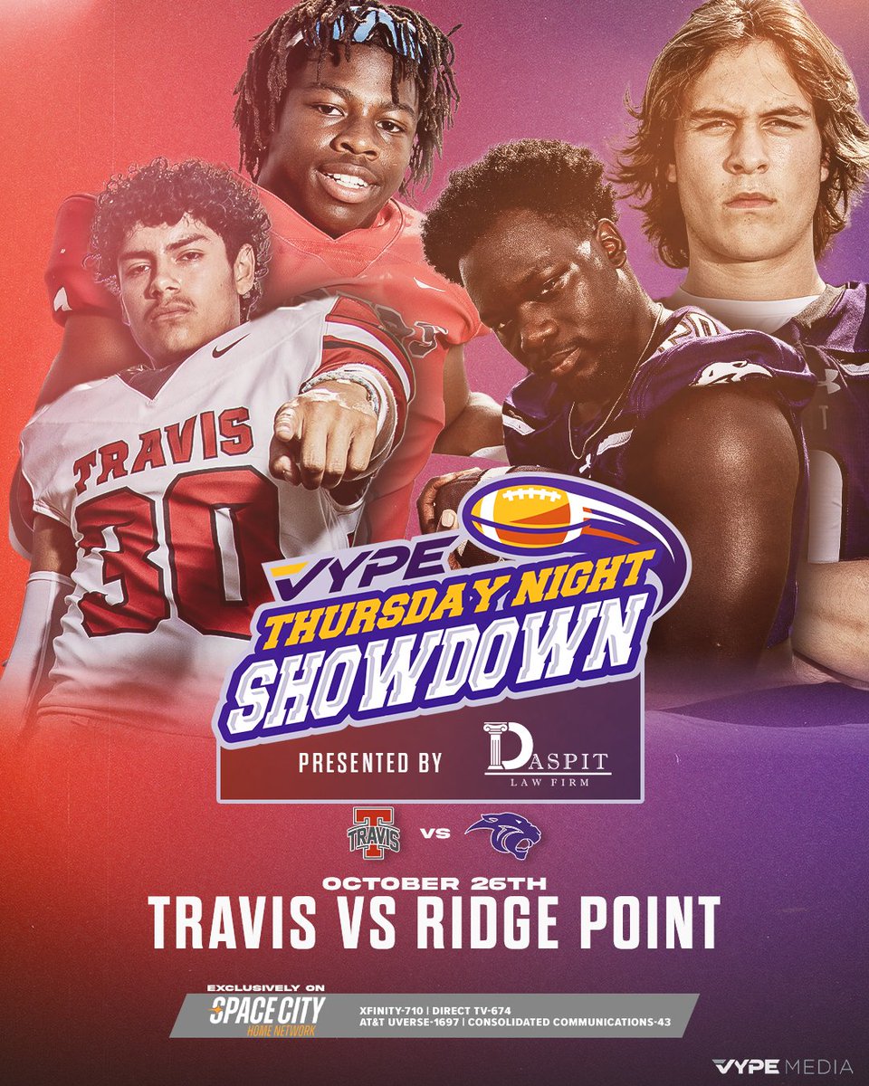 VYPE Thursday Night Showdown presented by Daspit Law Firm is back tonight on <a href="/SpaceCityHN/">Space City Home Network</a>!!          

We have a great Week 10 matchup between the Ridge Point Panthers &amp; the Travis Tigers! Tune in tonight on your TV providers respective channels! #txhsfb