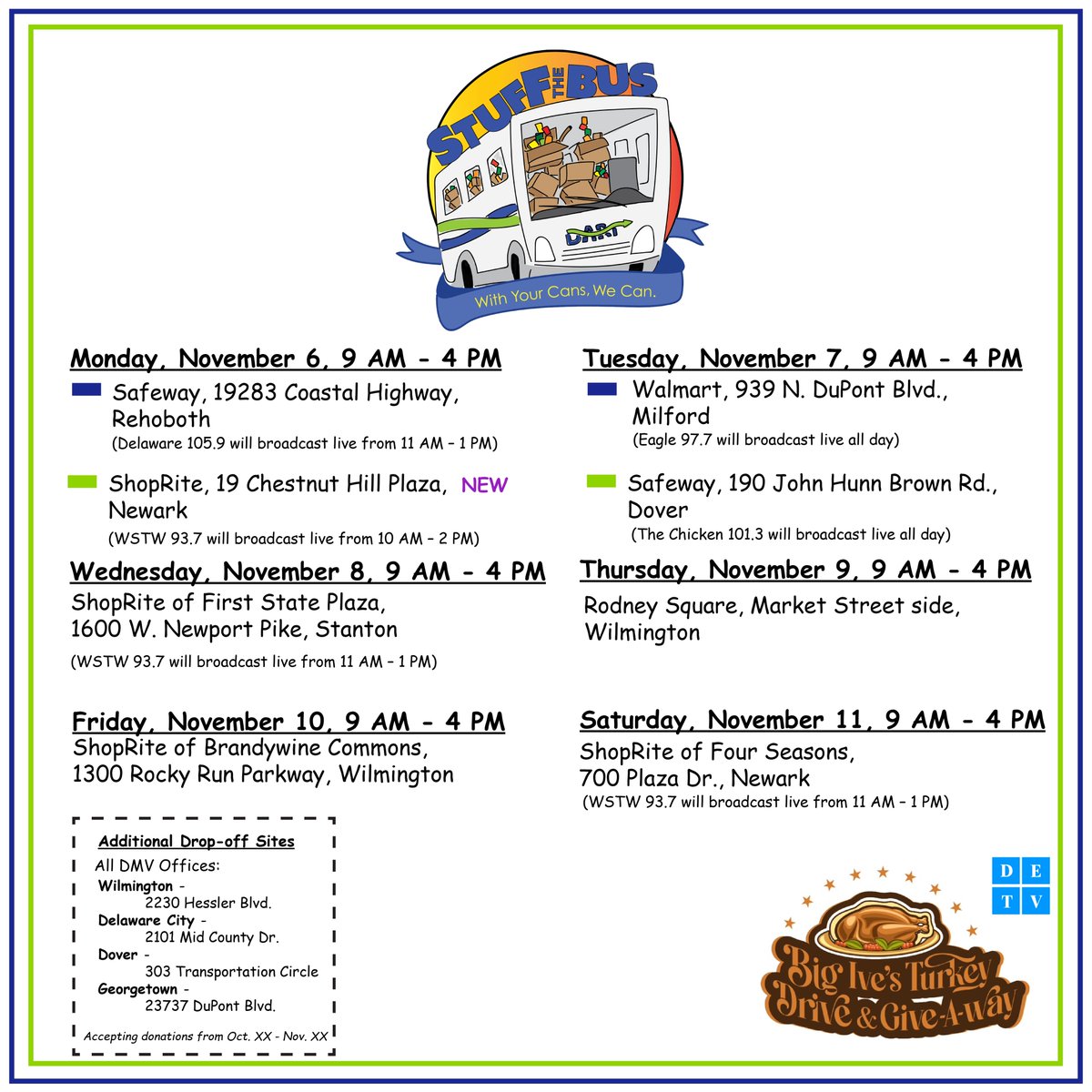 Bring your non-perishable donations to help us achieve our goal of collecting 20 tons of food for Delawareans in need of food assistance! 

This year we are partnering with @DeTvch to distribute turkeys statewide to families in need. To learn more on BigIvesTurkeyDrive.com
#STB