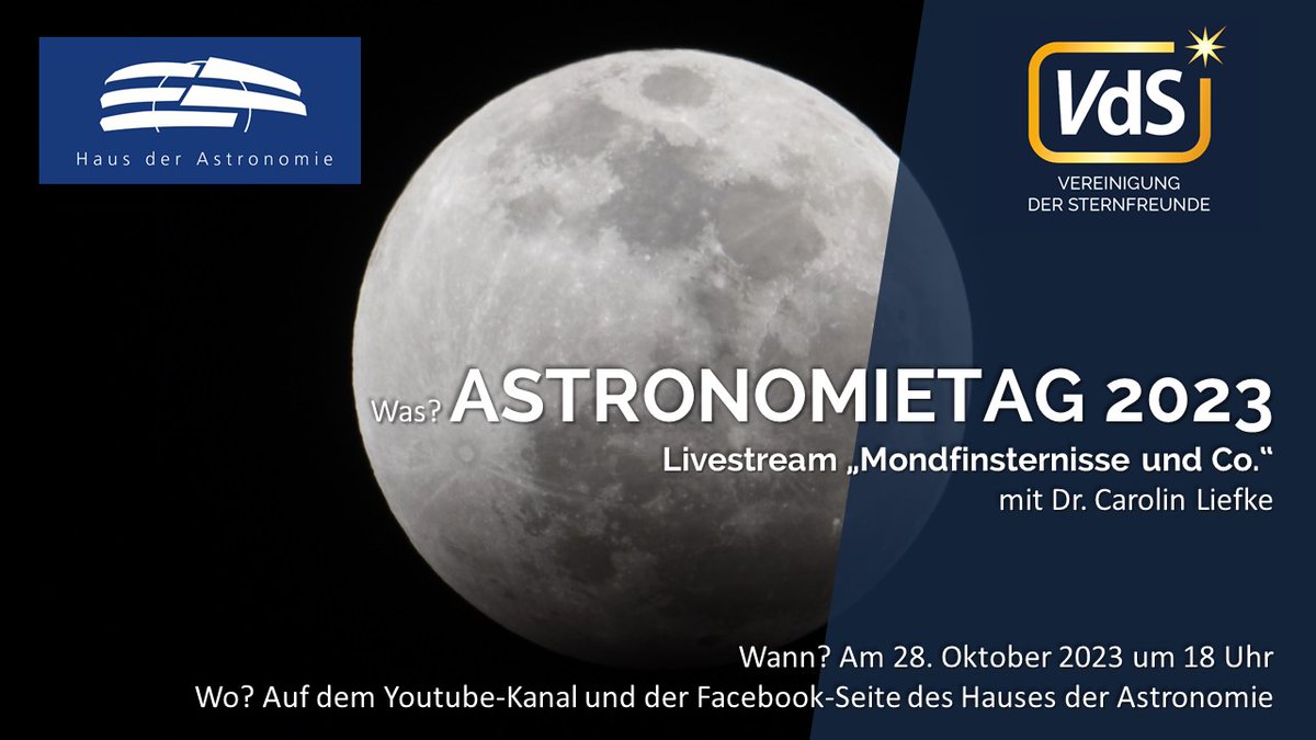 Am diesjährigen bundesweiten #Astronomietag am 28. Oktober 2023 bietet der Himmel ein ganz besonderes Schauspiel: Ab 21:35 Uhr findet eine partielle #Mondfinsternis statt. Bei uns gibts dazu: 1. einen Livestream im Vorfeld der Finsternis um 18:00 Uhr
youtube.com/watch?v=XGDzUX…