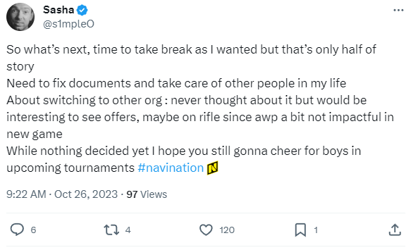 JakeSucky's tweet photo. S1mple has announced taking a break from Counterstrike 2 and exploring other potential opportunities 

Wtf https://t.co/Wiyw6FvG8O