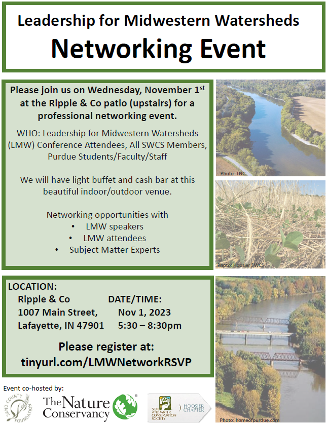 Attention <a href="/PurdueAg/">Purdue Agriculture</a> <a href="/PurdueFNR/">Purdue Forestry & Natural Resources</a> <a href="/PurdueNRES/">Purdue NRES</a> <a href="/PurdueAgronomy/">Purdue Agronomy</a> , join <a href="/HoosierSWCS/">Hoosier SWCS</a> and <a href="/Nature_Indiana/">TNC in Indiana</a> for professional networking and FREE FOOD at #RippleCo on Nov. 1 RSVP: tinyurl.com/LMWNetworkRSVP