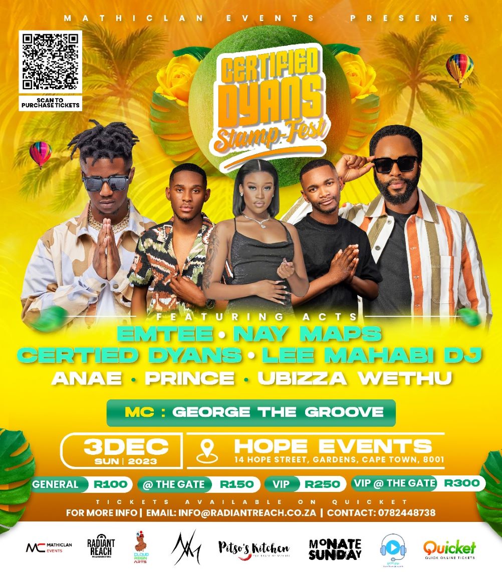 SA Music & Entertainment Magazine 🦄 (@samusicnewsmag) on Twitter photo Mathiclan Events announce Certified Dyans Stampfest on 3rd Dec 2023. The line - Emtee, Nay Maps, Certified Dyans, Lee Mahabi, Prince, Anae, and Ubizza Wethu. Ticket Link within!
<a href="/RadiantReach/">Radiant Reach</a>
<a href="/emteerecords/">.</a>
<a href="/NayMaps/">Nay Maps</a>
<a href="/certified_dyans/">Certified Dyans</a>
<a href="/UbizaWethu/">uBiza Wethu</a> samusicnews.co.za/entertainment/… Mathiclan Events announce Certified Dyans Stampfest on 3rd Dec 2023. The line - Emtee, Nay Maps, Certified Dyans, Lee Mahabi, Prince, Anae, and Ubizza Wethu. Ticket Link within!
<a href="/RadiantReach/">Radiant Reach</a>
<a href="/emteerecords/">.</a>
<a href="/NayMaps/">Nay Maps</a>
<a href="/certified_dyans/">Certified Dyans</a>
<a href="/UbizaWethu/">uBiza Wethu</a> samusicnews.co.za/entertainment/…
