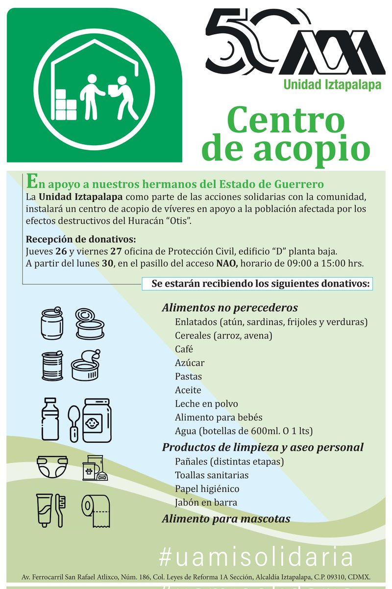 UAM_Iztapalapa's tweet photo. 🤲#UAMISolidaria En apoyo a nuestros hermanos de Guerrero damnificados por el Huracán "Otis", la UAM-I instala un Centro de acopio. Todo suma. Tú puedes ser parte de este esfuerzo. 
Convoca Protección Civil UAM Iztapalapa
#SomosComunidad
#FuerzaGuerrero 
#UAMIztapalapa https://t.co/N3DMgbKer7