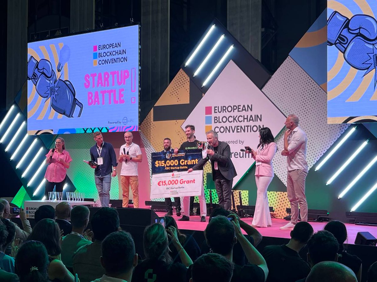 Aaaand the winner of the #EBC9 Startup Battle iiiiis.....

<a href="/ChronicleLabs/">Chronicle Protocol 📖</a> 🥇 🏆 🎉
Huge congrats to <a href="/nomos_paradox/">Niklas KunkΞl 📖</a> and the whole team at Chronicle 👏

Thanks to all the 50 startups participating. It has been an extremely difficult choice for our judges to pick the winner.

Stay