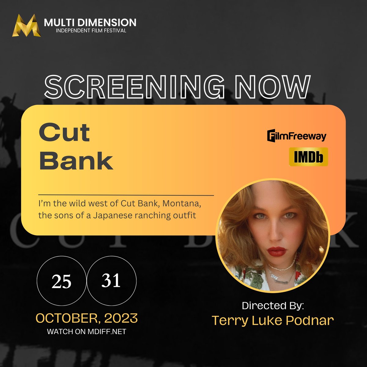 MDIFF21's tweet photo. Cut Bank directed by Kaitlin Messerly now screening on our website until October 31, 2023
Read now: https://t.co/Mti8wMQjIW
Discover the full screening of #MDIFF https://t.co/1UYsAZViA5
Submit your project at https://t.co/Hww42nM89M
#mdiff #screeningnow #screenplay #script https://t.co/GWZKEKV2SC