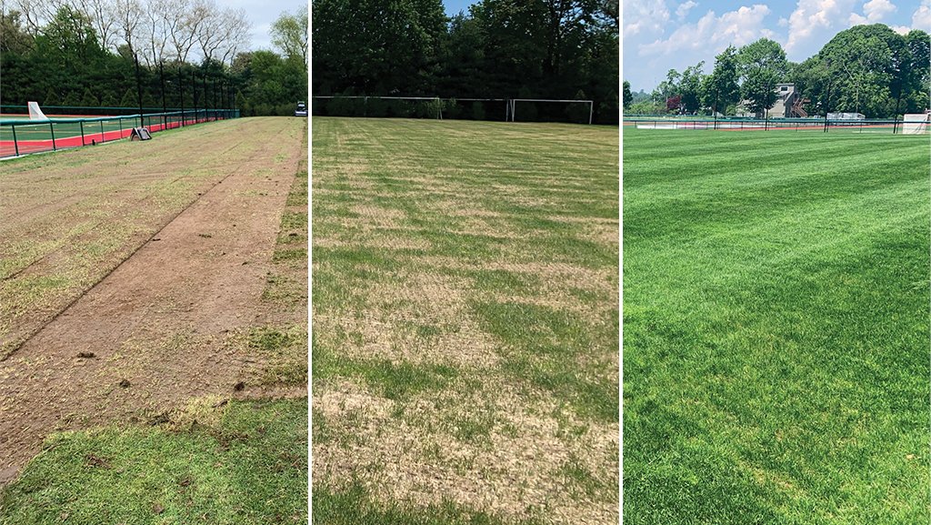 The fraise mowing process > The field is stripped > Grow-in process > Six weeks after fraise mowing. More on fraise mowing for weed control on athletic fields in New England Blade > theturfzone.com/nestma/?ascat=…