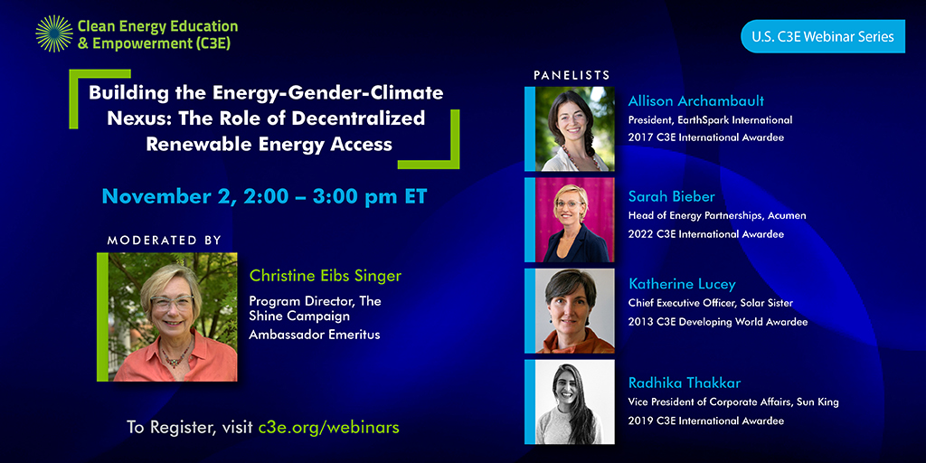 C3E_Energy's tweet photo. One week until our Nov 2nd webinar on Building the Energy-Gender-Climate Nexus: The Role of Decentralized Renewable Energy Access, featuring C3E Ambassador Emeritus @EibsSinger &amp; past awardees @amarchambault, Sarah Bieber, @KatherineHLucey, &amp; @radhika411. https://t.co/mDzHhJBEW1 https://t.co/GZlHtLa40y