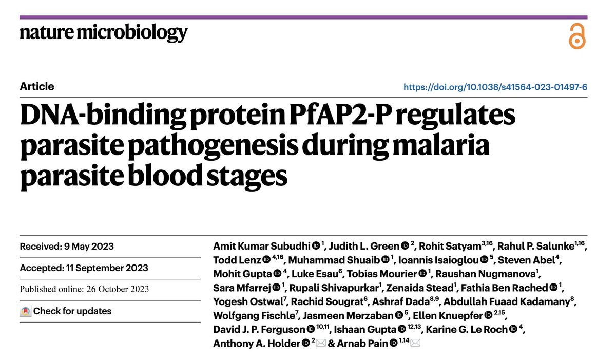 Check this out👇! We got our AP2-P (pathogenesis) work presented in BioMalPar #EMBLMalaria and MPM XXXIV #mpm2023 @parasitesrule @veupathdb   published in Nature Microbiology. Many thanks to all who made this happen.  @pathogensKAUST1 @KaustResearch @KAUST_News