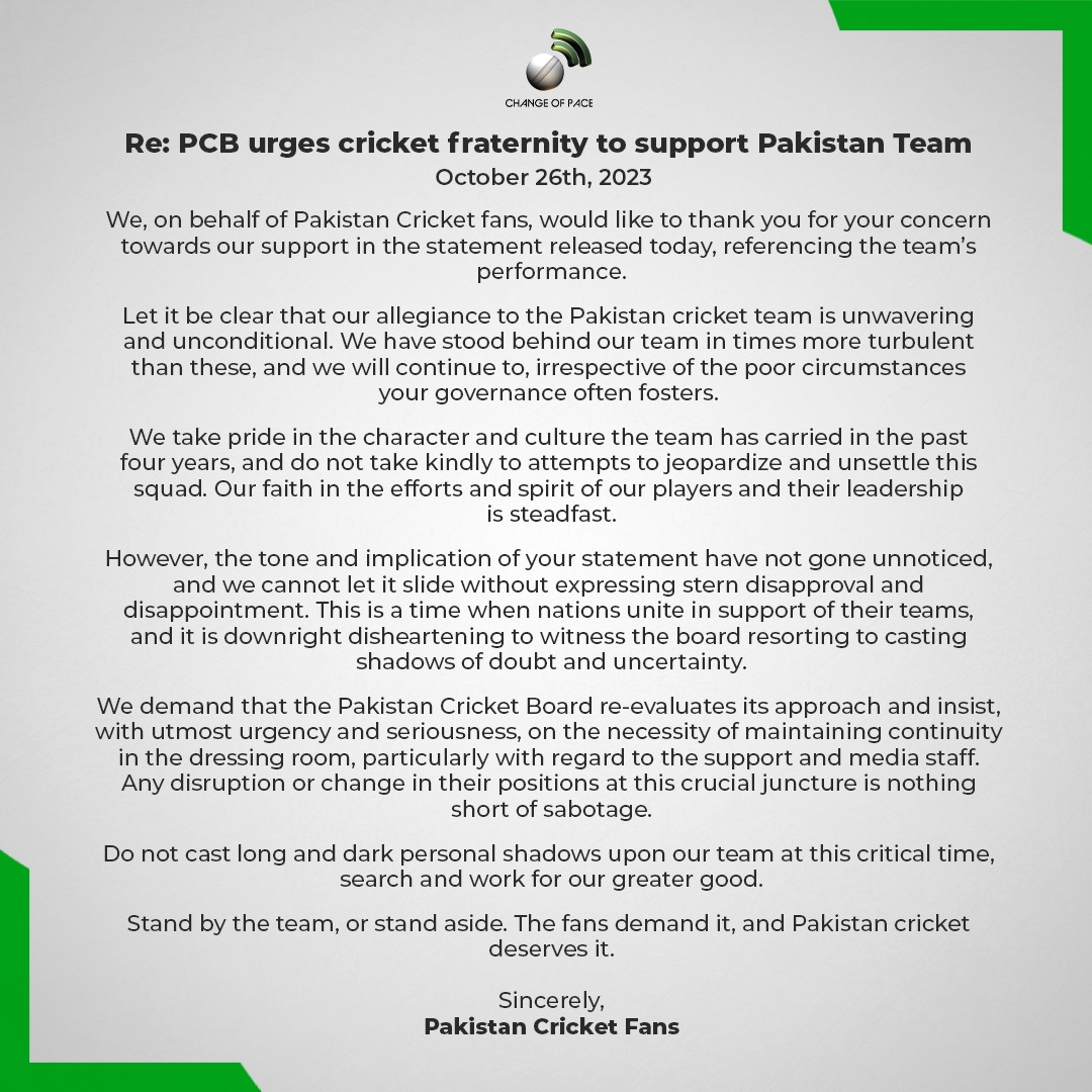 ChangeofPace414's tweet photo. Statement in response to the PCB's request to Pakistan fans.

#Mission23 https://t.co/Qs8enDl9D2