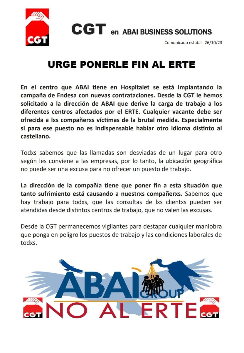 Desde la <a href="/CGT/">CGT</a> no dejamos de presionar a la dirección de ABAIGROUP para que ponga fin al brutal ERTE que afecta injustamente a nuestrxs compañerxs. 

!Hay trabajo para todxs!

!NO AL ERTE EN ABAI!