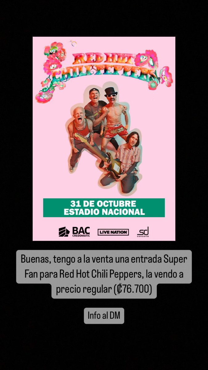 Tengo una entrada Super Fan para Red Hot Chili Peppers, a precio regular, cualquier info al DM, RT porfa 🫶🏼