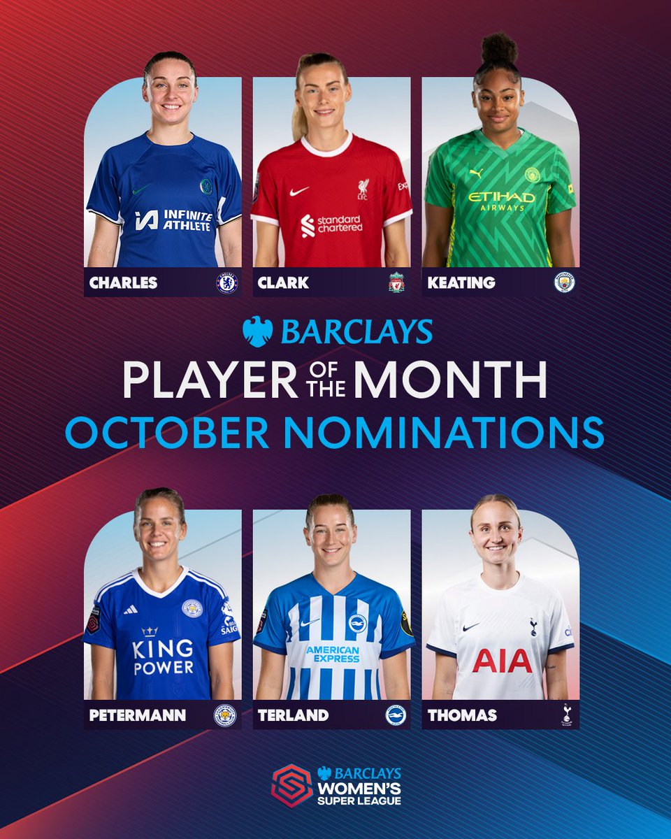 Barclays Women's Super League (@barclayswsl) on Twitter photo The nominees for the <a href="/BarclaysFooty/">Barclays Football</a> Player of the Month are in!
🌟 <a href="/niamhcharles7/">Niamh Charles</a>
🌟 <a href="/jennaclark_01/">Jenna Clark</a>
🌟 Khiara Keating
🌟 Lena Petermann
🌟 Elisabeth Terland
🌟 Martha Thomas
Vote now: the-fa.com/2nP38Y The nominees for the <a href="/BarclaysFooty/">Barclays Football</a> Player of the Month are in!
🌟 <a href="/niamhcharles7/">Niamh Charles</a>
🌟 <a href="/jennaclark_01/">Jenna Clark</a>
🌟 Khiara Keating
🌟 Lena Petermann
🌟 Elisabeth Terland
🌟 Martha Thomas
Vote now: the-fa.com/2nP38Y