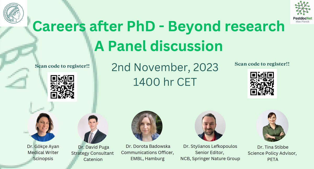 MPGpostdocnet's tweet image. 🧐 Curious about life beyond academia? Come and join our online panel discussion where  5 experts such as @GB_Ayan @d_badowska @s_lefkopoulos will discuss a wide variety of career options outside of academia. Scan the QR-code 👇and tune in on the 2nd of November at 14:00 CET!