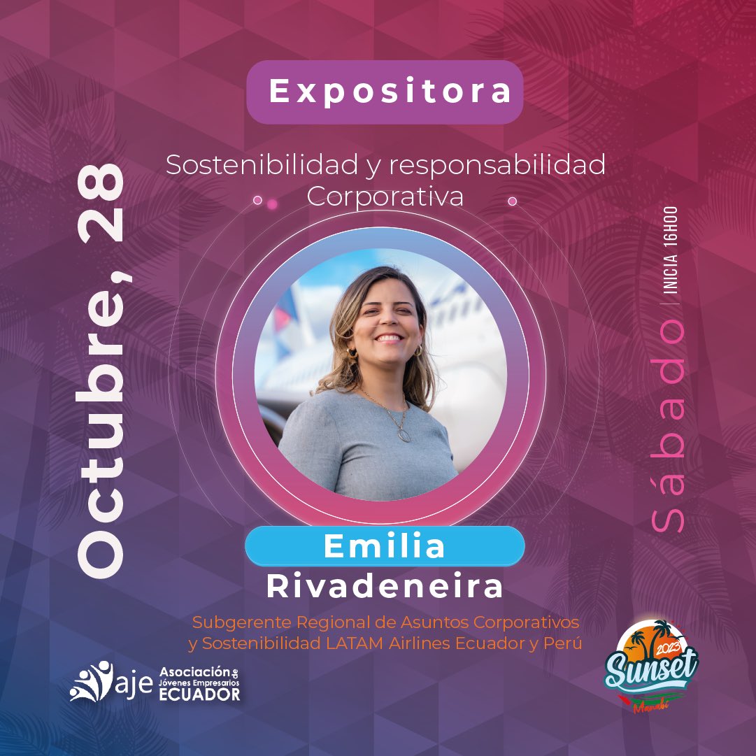 ¿Cómo crear valor en los negocios con responsabilidad corporativa?

Una de las preguntas que nos responderá nuestra invitada <a href="/emiriva/">Emilia Rivadeneira</a>, Subgerente de Asuntos Corporativos para 🇪🇨y 🇵🇪 de <a href="/LATAM_ECU/">LATAM Ecuador</a>.

Nos vemos este sábado 28/10 a las 16:00 en el #AjeSunset2023 🌴🌅🗣️