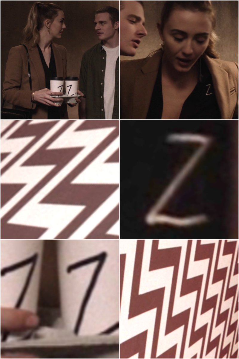 Tracey carries coffee cups with a black-on-white "Z" figure drawn on them; likewise, her dress is la...