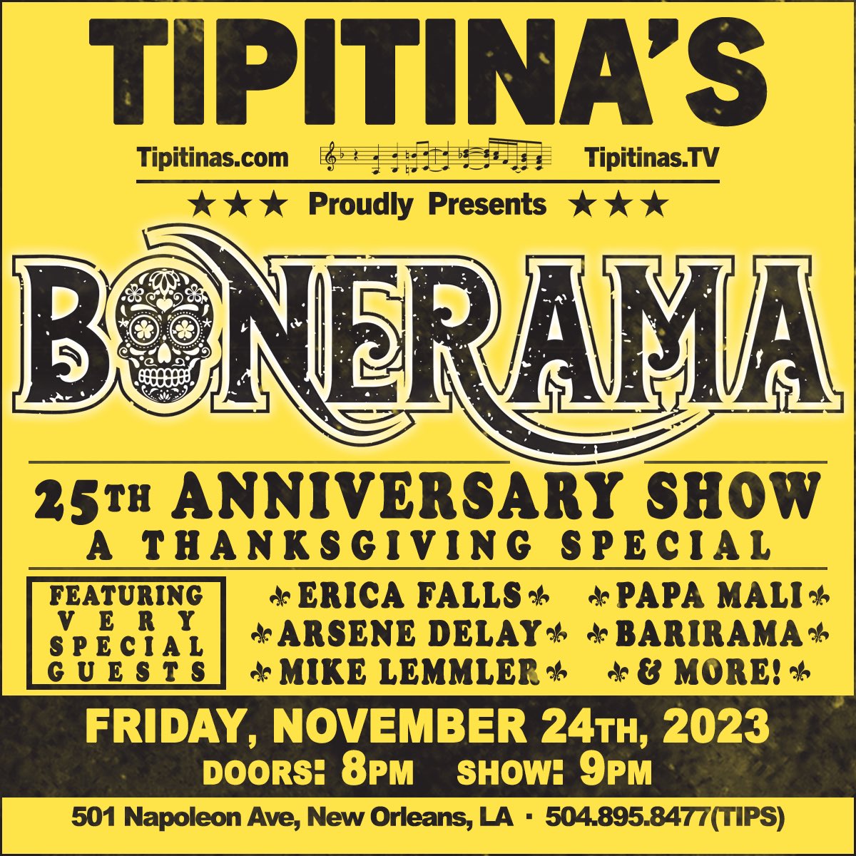 Super excited and proud to announce:  <a href="/Bonerama/">Bonerama</a> celebrates 25 years with a big show at <a href="/Tipitinas/">𝐓𝐢𝐩𝐢𝐭𝐢𝐧𝐚’𝐬 🍌</a> on Thanksgiving Friday! On sale tomorrow. #YYR 🦃🎶💃🕺🥂🍺🍻💥👊🔥🙏🏼