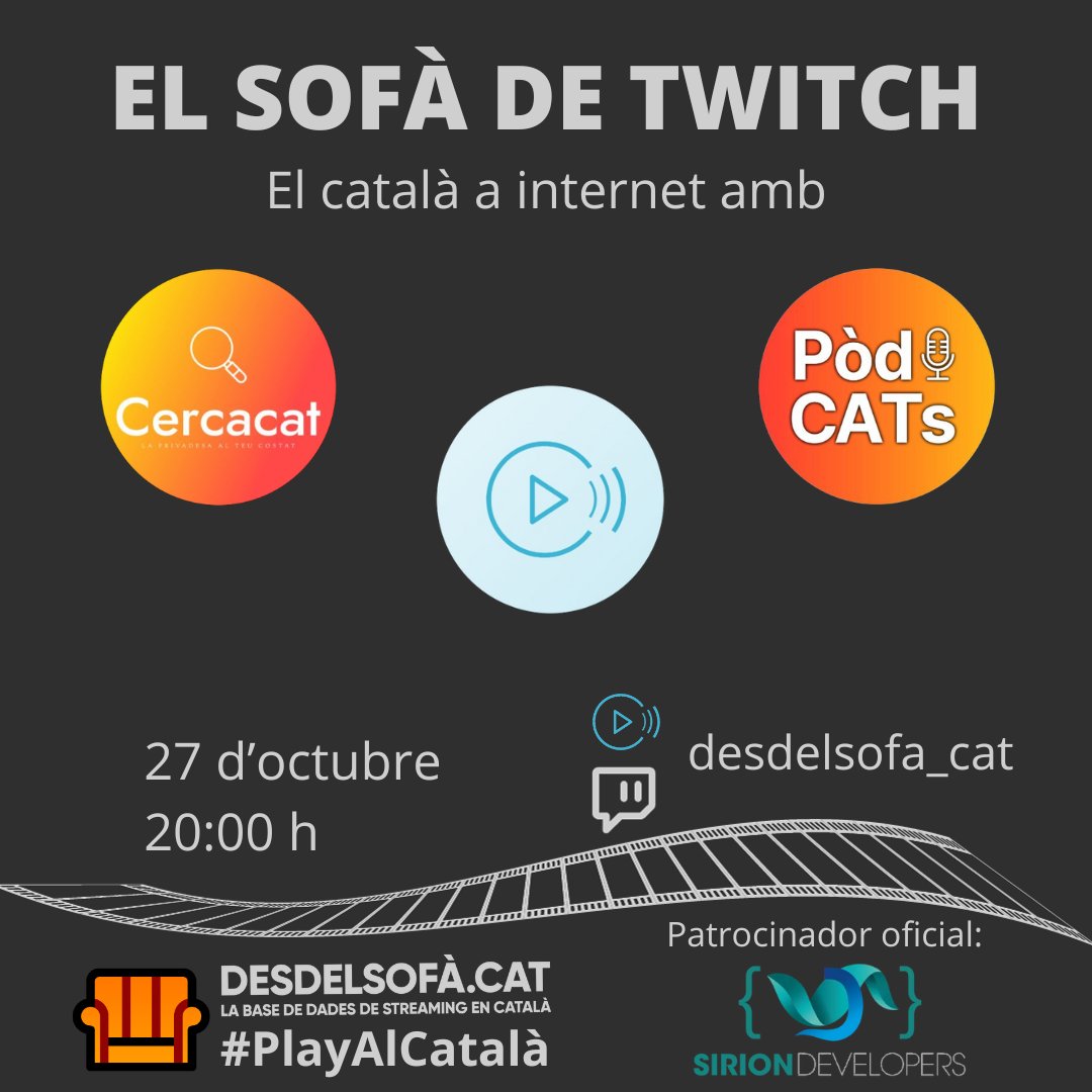 🛋️ EL SOFÀ DE TWITCH 🛋️

Demà parlarem del català a internet amb la <a href="/cercacat/">Cercacat</a>, <a href="/ClapClap_cat/">ClapClap</a> i <a href="/PodCATscat/">PòdCATs.cat</a>.

També parlarem dels seus projectes i escoltarem quines pel·lícules i sèries en català ens recomanen.

twitch.tv/desdelsofa_cat