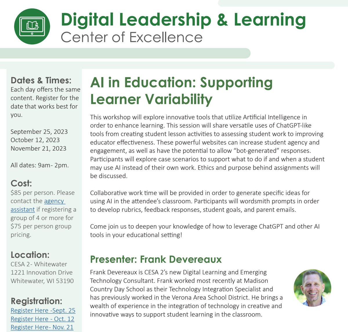 #AI4Educators - More and more educators are signing up for our <a href="/cesa2wi/">CESA 2</a> AI workshops as they wonder how to utilize tool to engage and help more learners. Sign up and share with colleagues who are ready to embrace AI or need to have many questions answered. bit.ly/3s6zoEC