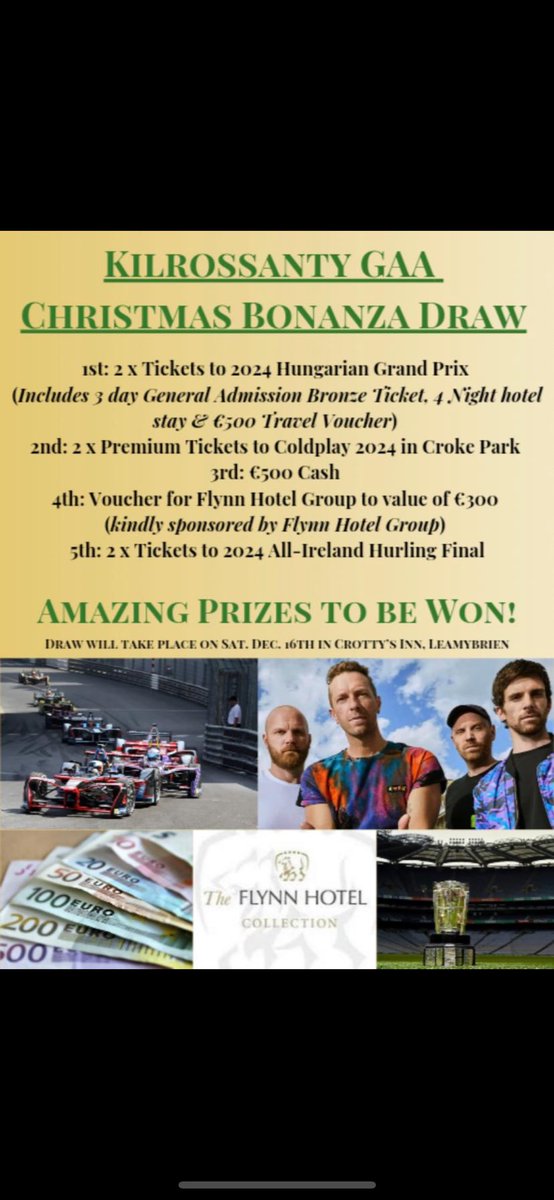 Kilrossanty GAA Christmas Bonanza Draw.
We have pushed the boat out this year for some great prizes. 
Tickets available from any Fundraising Committee Member or can be bought online  idonate.ie/cause/kilrossa…