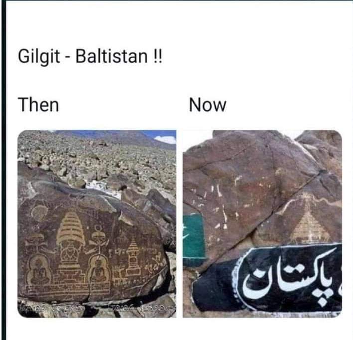 Pakistan occupied Kashmir (PoK) :

Radicals vandalized the Buddhist rock carvings by writing slogans on the rock-art that belonged to 800 AD in Gilgit-Baltistan.

They also painted Pakistan flag on ancient artwork.

#LostHeritage 🥲