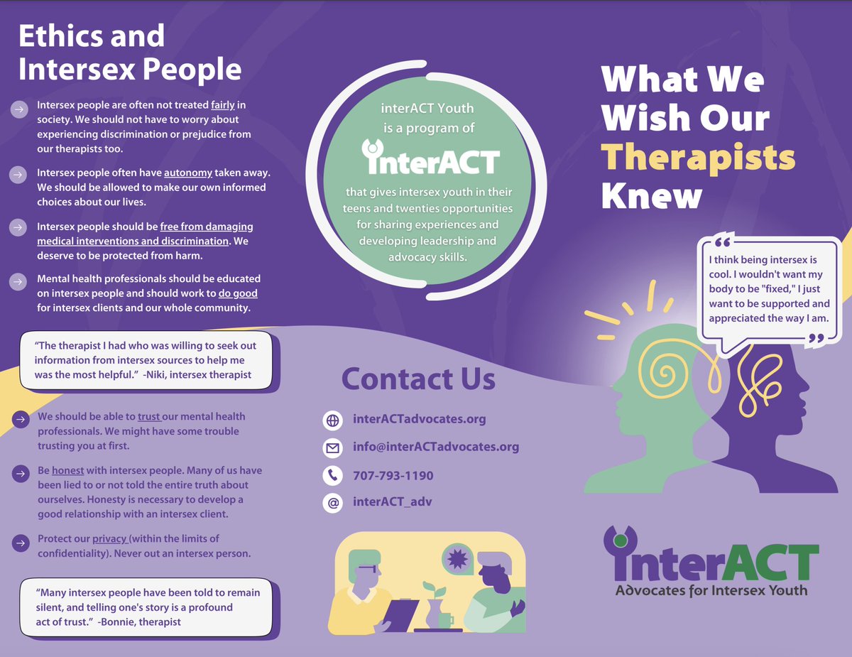 Intersex people can struggle to find affirming, knowledgable mental health care. So we took matters into our own hands🙌 Our youth advocates created a new brochure, 'What We Wish Our Therapists Knew.' Please, share widely—you never know who might benefit! bit.ly/intersex-thera…