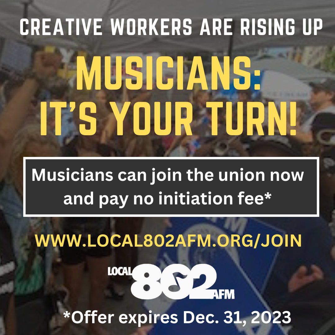 CREATIVE WORKERS ARE RISING UP! Musicians: join the union now and pay no initiation fee! Join using this link: local802afm.org/join #solidarity #unionmusicians @The_AFM @CentralLaborNYC @EricDKoch @METOrchestra @NYPMusicians @NYSAFLCIO @DCINYOrchestra