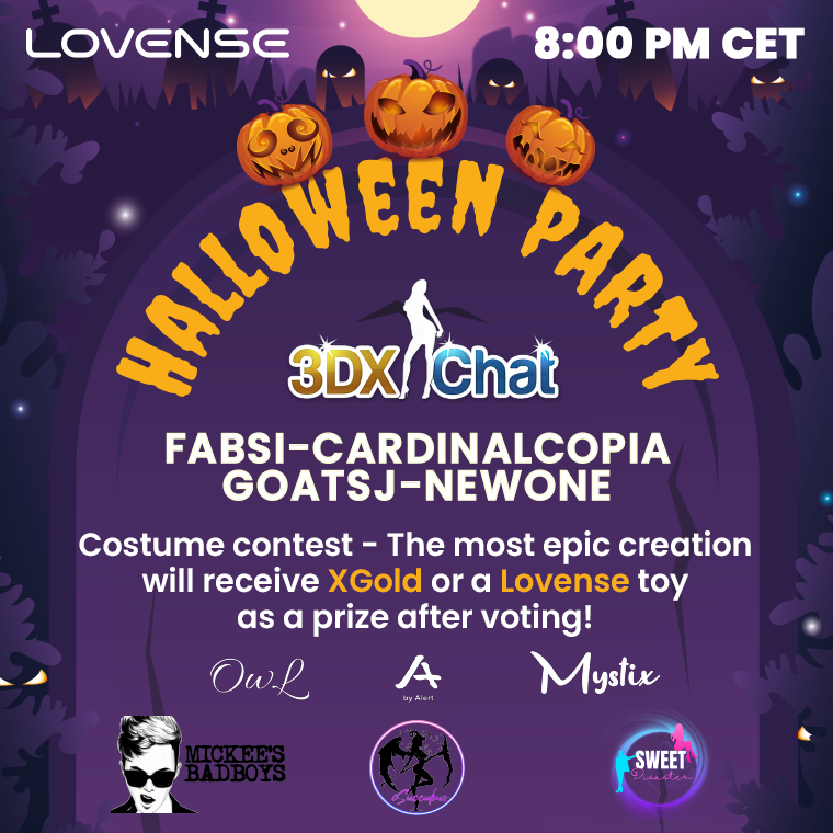 🎃👻 Join us for a spook-tacular Halloween Party on October 31st at 8 PM CET! 🌙🕷️

Get ready to don your most hauntingly creative costumes and compete in our Costume Contest! 🧛‍♂️🧟‍♀️ There are awesome prizes to be won - in-game gold and a toy from <a href="/Lovense/">LovenseOfficial</a>! 🎉🎁

Don't miss out on