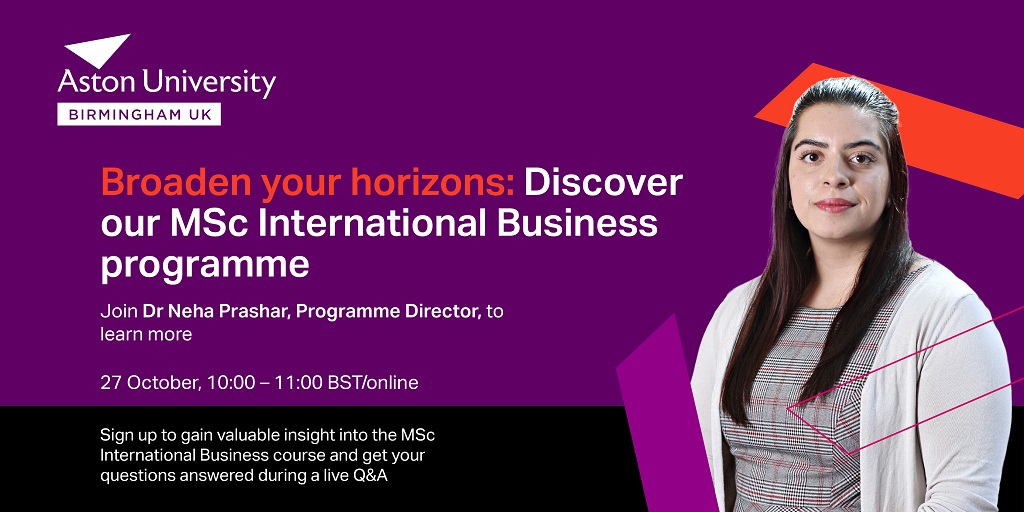 Aston Business School (@astonbusiness) on Twitter photo Are you interested in studying MSc International Business in January 2024?
Join Dr <a href="/Npra31/">Neha Prashar</a> tomorrow as she takes you through an in-depth introduction to the programme.
📆27 October 2023
⏲️10:00 - 11:00 BST
Register: bit.ly/3rYJozT Are you interested in studying MSc International Business in January 2024?
Join Dr <a href="/Npra31/">Neha Prashar</a> tomorrow as she takes you through an in-depth introduction to the programme.
📆27 October 2023
⏲️10:00 - 11:00 BST
Register: bit.ly/3rYJozT