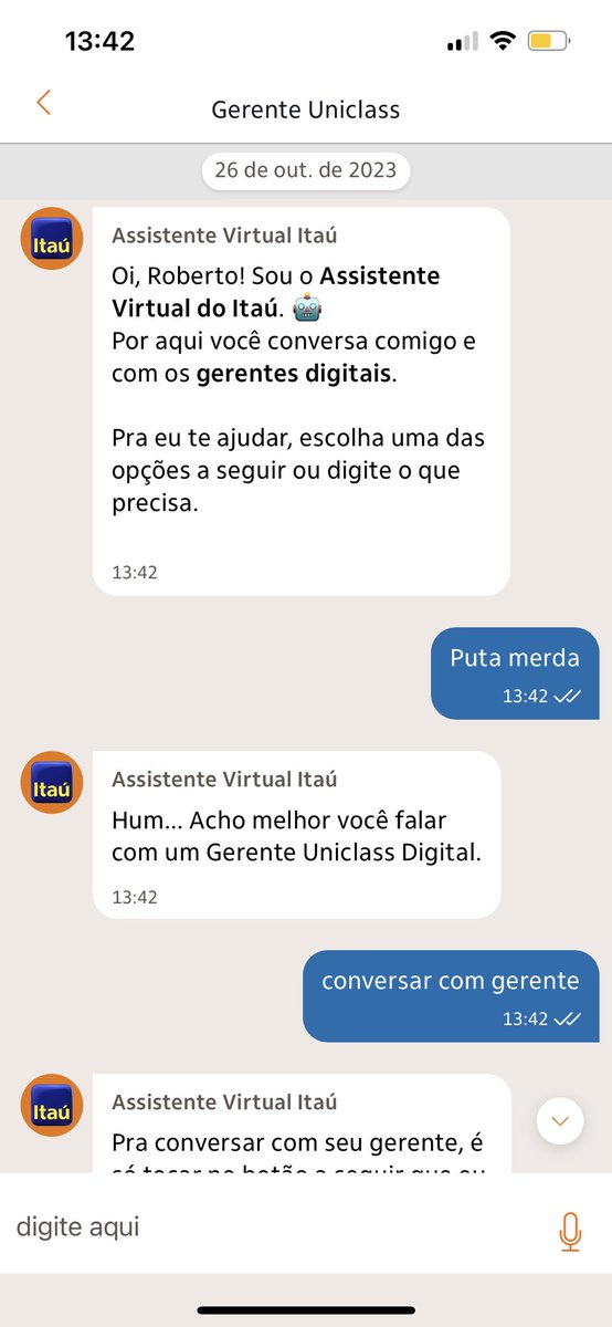 ro_azeredo's tweet photo. Deu certo! Consegui me livrar do robô do Itaú https://t.co/Uodua31XZe