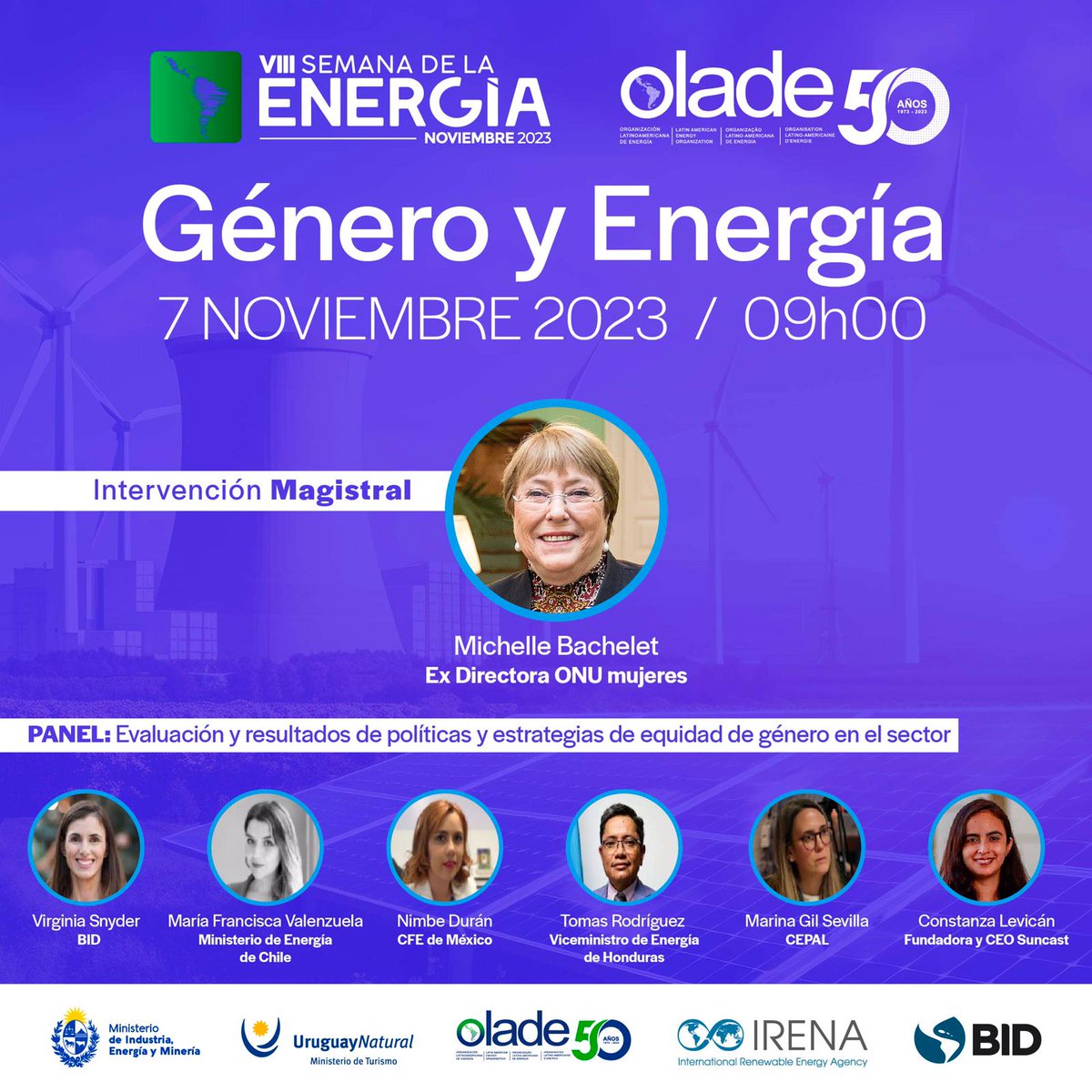 💡⚡#SemanadelaEnergía #Equidad #Inclusión #GéneroyEnergía No te pierdas la oportunidad de presenciar: Intervención magistral de la ex Directora de ONU Mujeres, Michelle Bachelet @mbachelet ➕ PANEL: Evaluación y resultados de políticas y estrategias de equidad de género en el…