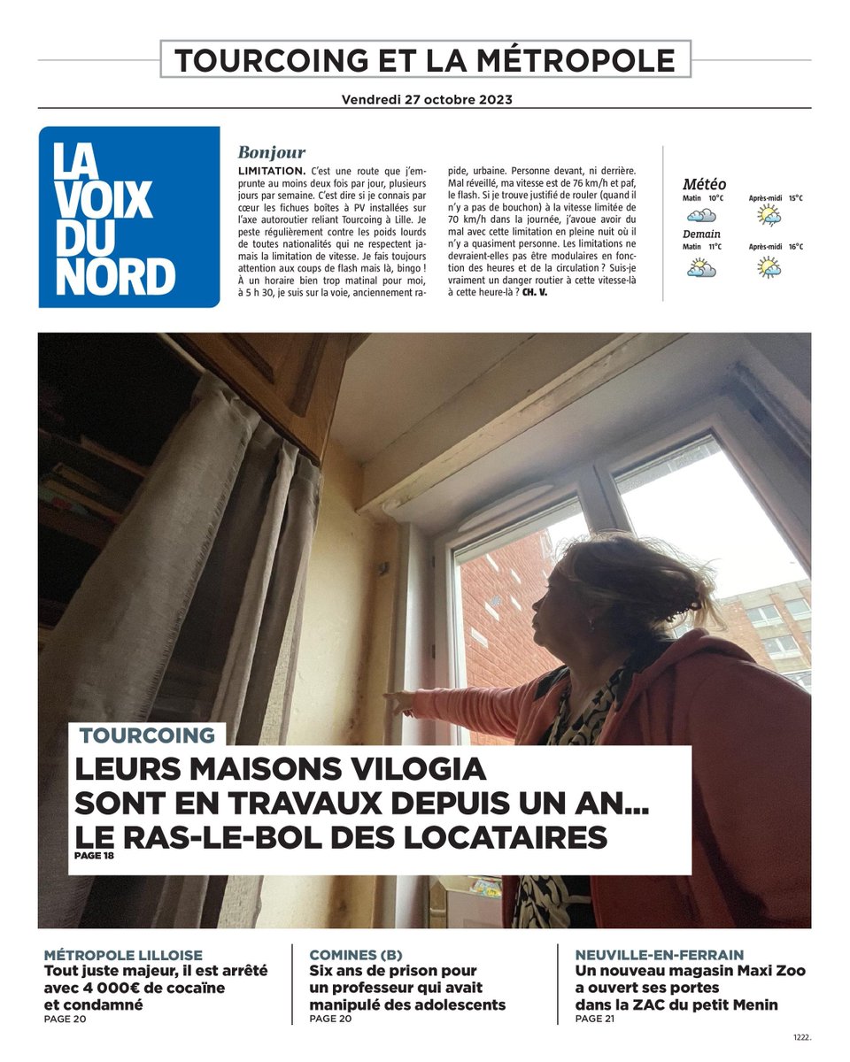 Bonjour. Voici la Une de votre édition de Tourcoing du jour. Pour lire le journal en ligne, suivez le lien : journal.lavoix.com Bonne journée ! :)