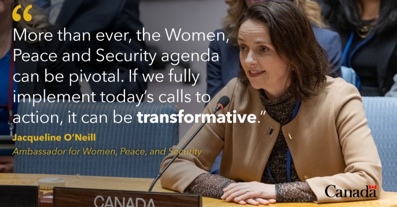 CanadaFP's tweet photo. Canada’s statement at the #UNSC open debate on #WomenPeaceSecurity emphasized that much more is needed to realize the promises of the #WPSAgenda. We cannot lose the work &amp; progress done by so many to centre humanity, strengthen institutions, and ultimately build peace for all. ⬇️