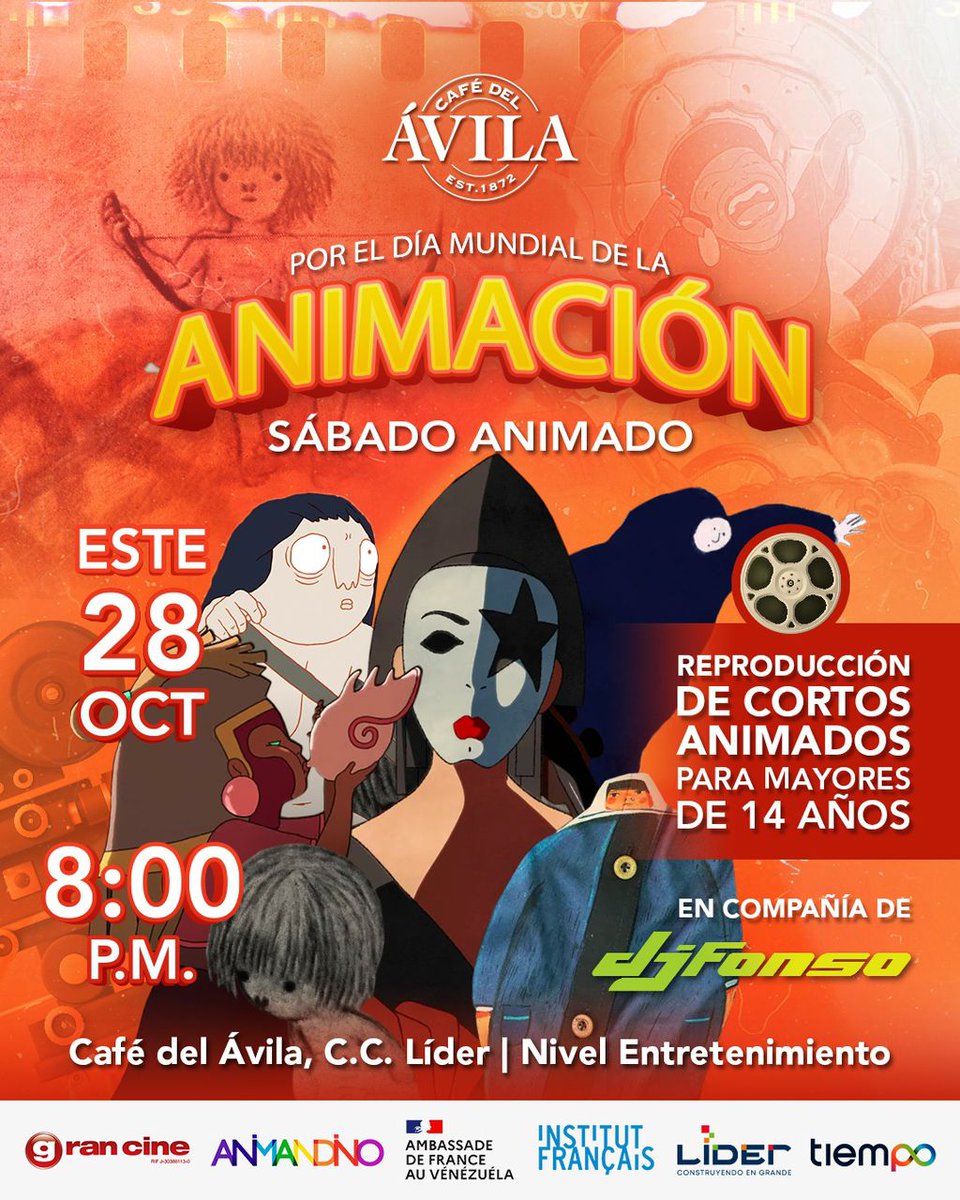 Gran_Cine's tweet photo. ¡DÍA MUNDIAL DE LA ANIMACIÓN!
Gran cita el #Sab28Oct
en @CCLIDER:
✔️6️⃣pm 🕡
CINE ÁVILA LÍDER,
Cine Kids,
Terraza de la FERIA, piso 5. Gratis para toda la familia.
✔️8️⃣pm 🕗
CAFÉ ÁVILA,
animaciones para mayores de 14 años, piso 6
@EmbaFrancia
@galeriaodalys
@palospanasprod https://t.co/cxIkxyaOYC