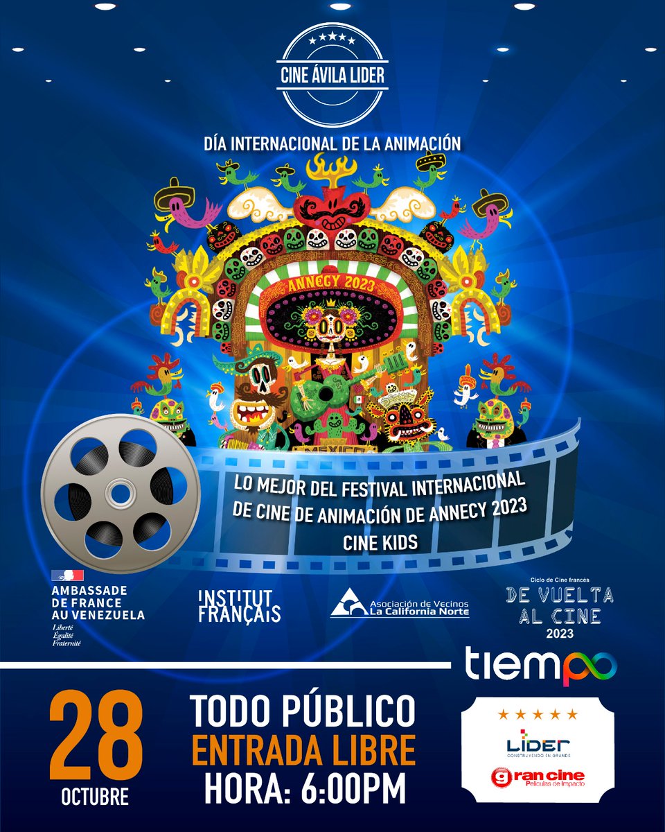 Gran_Cine's tweet photo. ¡DÍA MUNDIAL DE LA ANIMACIÓN!
Gran cita el #Sab28Oct
en @CCLIDER:
✔️6️⃣pm 🕡
CINE ÁVILA LÍDER,
Cine Kids,
Terraza de la FERIA, piso 5. Gratis para toda la familia.
✔️8️⃣pm 🕗
CAFÉ ÁVILA,
animaciones para mayores de 14 años, piso 6
@EmbaFrancia
@galeriaodalys
@palospanasprod https://t.co/cxIkxyaOYC