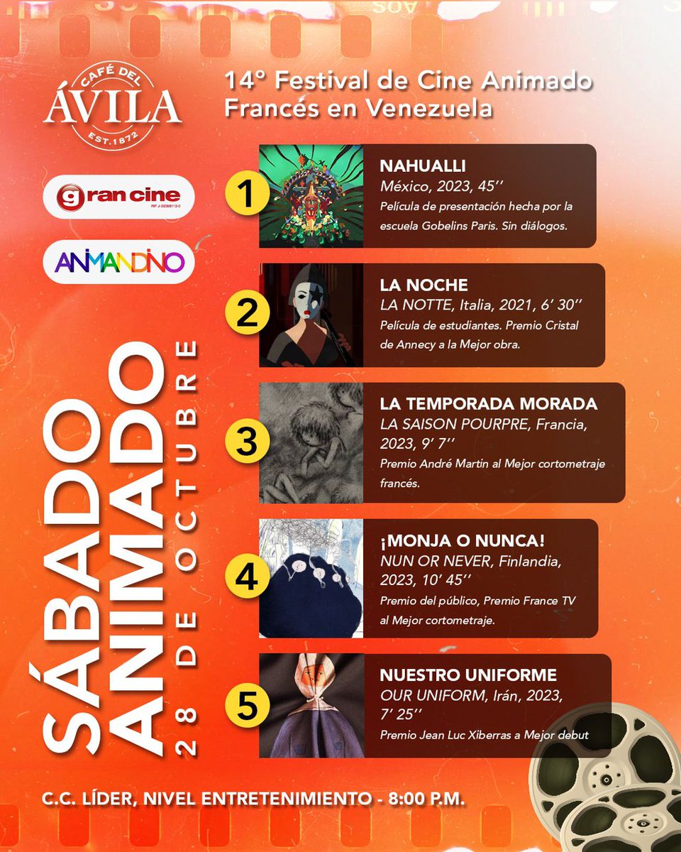 Gran_Cine's tweet photo. ¡DÍA MUNDIAL DE LA ANIMACIÓN!
Gran cita el #Sab28Oct
en @CCLIDER:
✔️6️⃣pm 🕡
CINE ÁVILA LÍDER,
Cine Kids,
Terraza de la FERIA, piso 5. Gratis para toda la familia.
✔️8️⃣pm 🕗
CAFÉ ÁVILA,
animaciones para mayores de 14 años, piso 6
@EmbaFrancia
@galeriaodalys
@palospanasprod https://t.co/cxIkxyaOYC