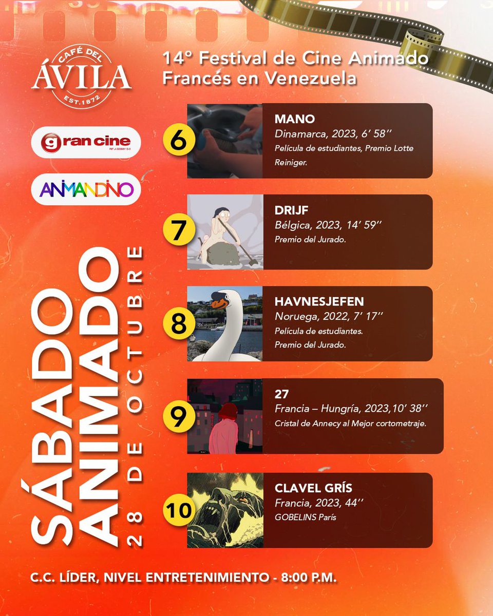 Gran_Cine's tweet photo. ¡DÍA MUNDIAL DE LA ANIMACIÓN!
Gran cita el #Sab28Oct
en @CCLIDER:
✔️6️⃣pm 🕡
CINE ÁVILA LÍDER,
Cine Kids,
Terraza de la FERIA, piso 5. Gratis para toda la familia.
✔️8️⃣pm 🕗
CAFÉ ÁVILA,
animaciones para mayores de 14 años, piso 6
@EmbaFrancia
@galeriaodalys
@palospanasprod https://t.co/cxIkxyaOYC